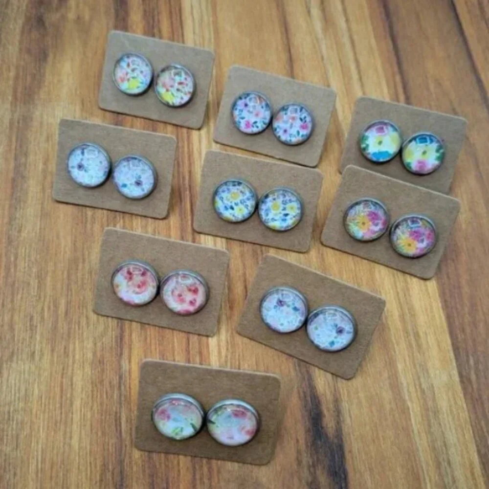 Wholesale Lot of 9 Pairs Floral Bohemian Resin Stud Earrings Glass Resin Everyda